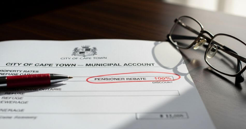 Brackenfell seniors downsizing financial solutions. City of Cape Town pensioner rates rebate shown on a municipal bill, providing financial relief.