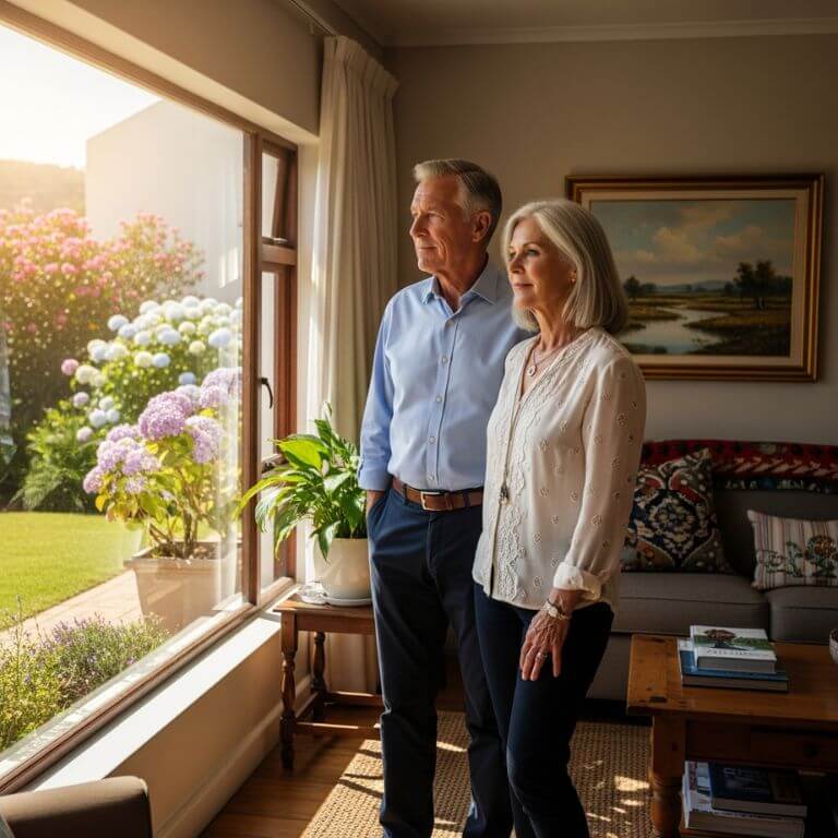 Brackenfell seniors downsizing financial solutions. Senior couple in Brackenfell home calmly planning their financial future and downsizing.