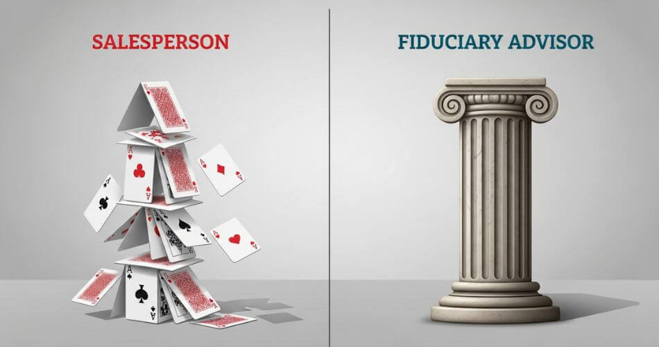 Guide to Selling Your Home in Brackenfell. Infographic comparing a risky Salesperson to a stable Fiduciary Advisor.