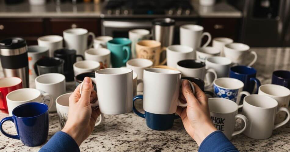 Manageable downsizing action plan. A kitchen counter covered in duplicate coffee mugs, showing the sorting process.