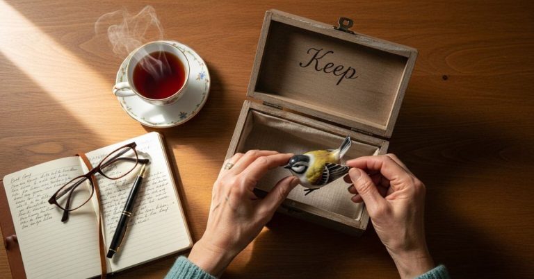 Manageable downsizing action plan. A pair of senior hands carefully sorting a cherished item into a box.