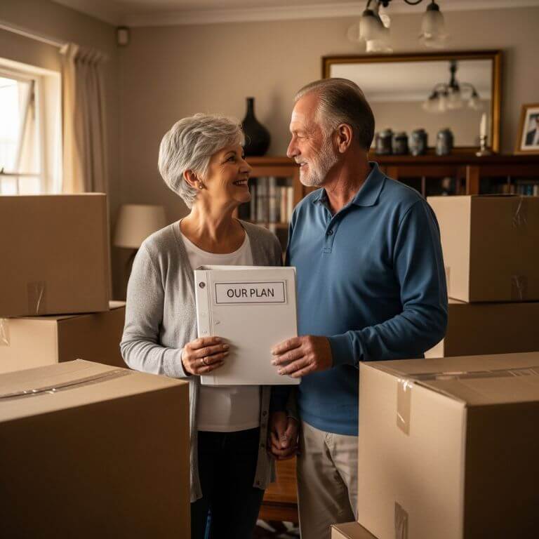 Manageable downsizing action plan. A senior couple smiles with relief while holding their downsizing action plan.