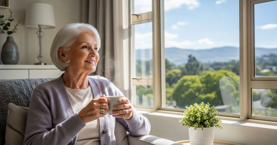 Manageable downsizing action plan. A senior woman relaxes with tea in her new, uncluttered, and peaceful home.