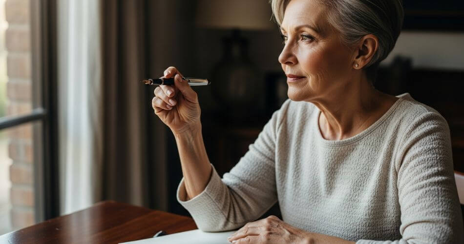 Manageable downsizing action plan. A senior woman sits thoughtfully with a notebook, planning her downsizing.