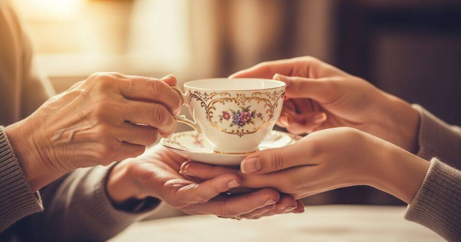 Manageable downsizing action plan. An older woman's hands pass a family heirloom teacup to younger hands.