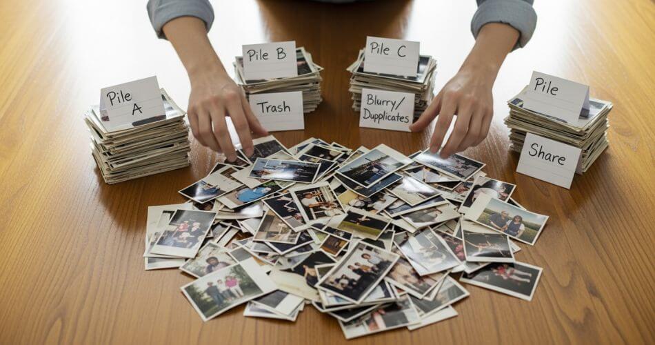 Manageable downsizing action plan. Sorting old photographs into three piles, Keep, Trash, and Share.