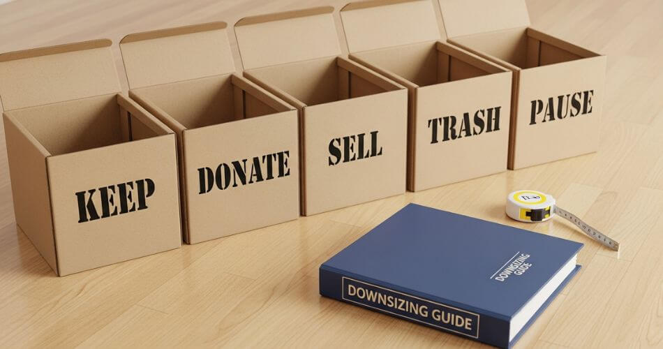 Manageable downsizing action plan. The five-box sorting system and a downsizing binder, ready for Week 1.
