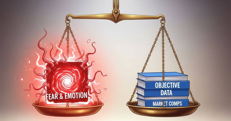 Psychology of Buying a House. A set of scales being balanced with Objective Data provided by the agent outweighing and calming the clients Fear and Emotion.