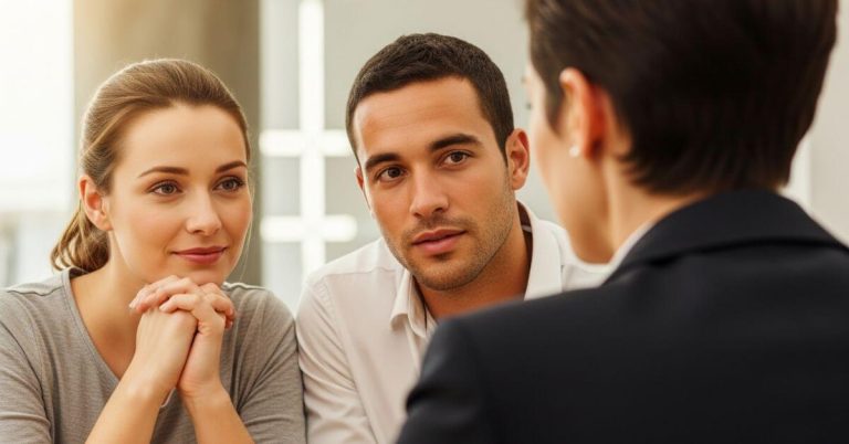 Psychology of Buying a House. A young couple looks relieved and understood while speaking with a calm and professional real estate agent.