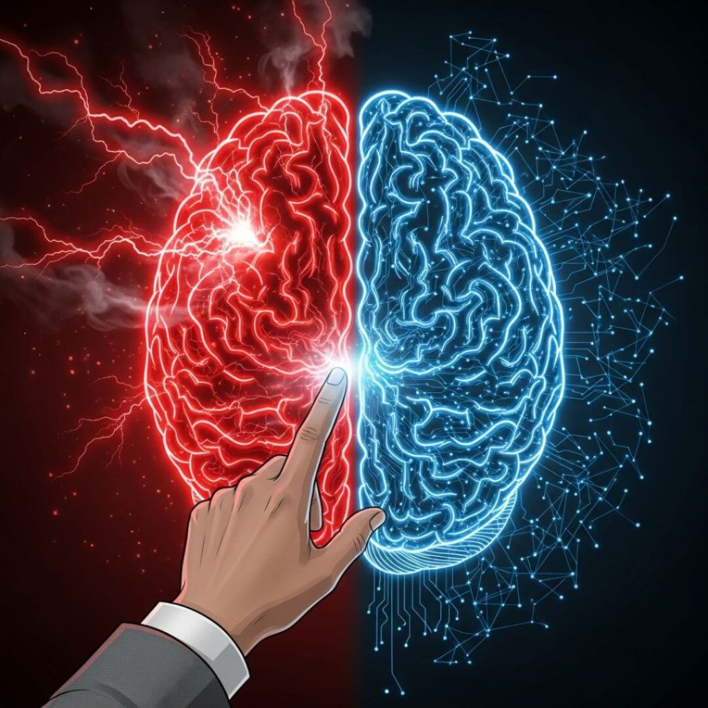 Psychology of Buying a House. An illustration of a brain showing a calm hand soothing the chaotic red amygdala side representing the agent as a surrogate prefrontal cortex.