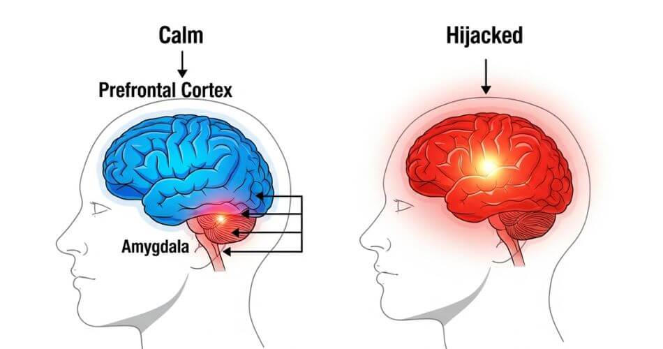 Psychology of Buying a House. Infographic showing the amygdala hijack - a calm brain with a balanced PFC and amygdala next to a stressed brain where the amygdala has taken over.