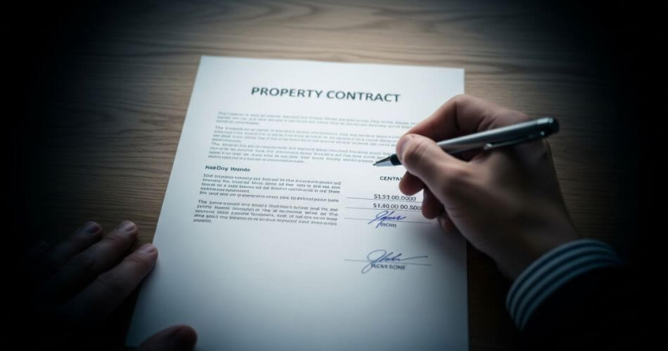 The Psychology of Buying a House. A first-person view of a real estate contract with dark, blurred edges simulating tunnel vision and high stress, representing the amygdala hijack.