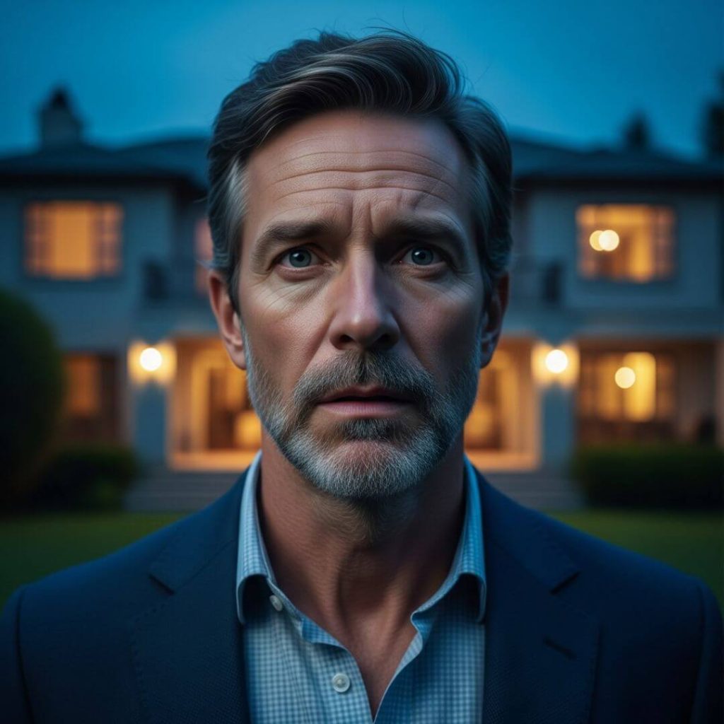 The Psychology of Buying a House. A home buyer looking at a house at twilight, with an expression of mixed longing and anxiety.