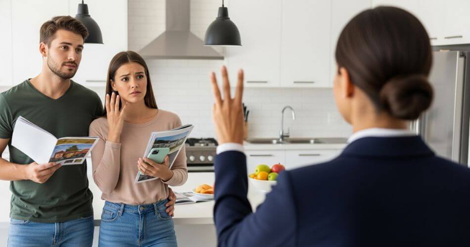 The Psychology of Buying a House. A real estate agent simplifying options for a young couple. The agent acting as an expert filter against decision fatigue.