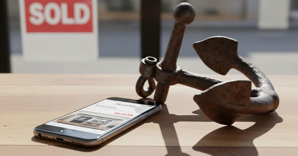 The Psychology of Buying a House. An iron ship's anchor resting on a table next to a phone showing a property listing, visualizing the psychological concept of Anchoring Bias in real estate.
