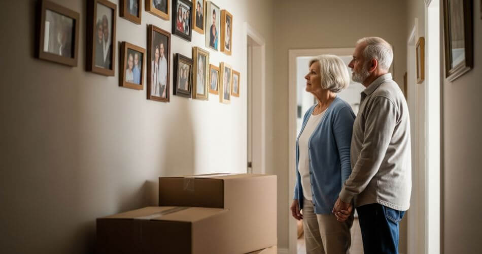 The Psychology of Buying a House. An older couple standing in a hallway filled with family photos and moving boxes, representing the emotional weight of downsizing and Relocation Stress Syndrome