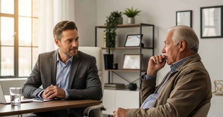 What to look for in a real estate agent. A calm real estate advisor actively listening to an anxious senior client.