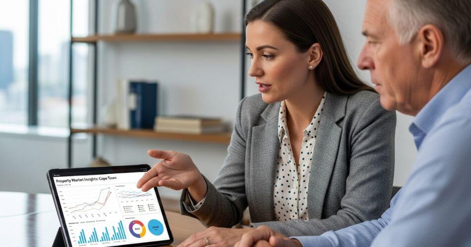 What to look for in a real estate agent. A data-driven agent explains market data graphs to a senior client on a tablet.