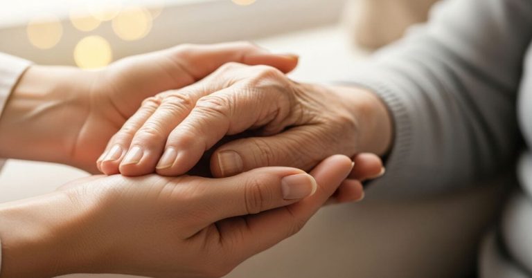 What to look for in a real estate agent. A professional's hand reassuringly holding the hand of a senior person.