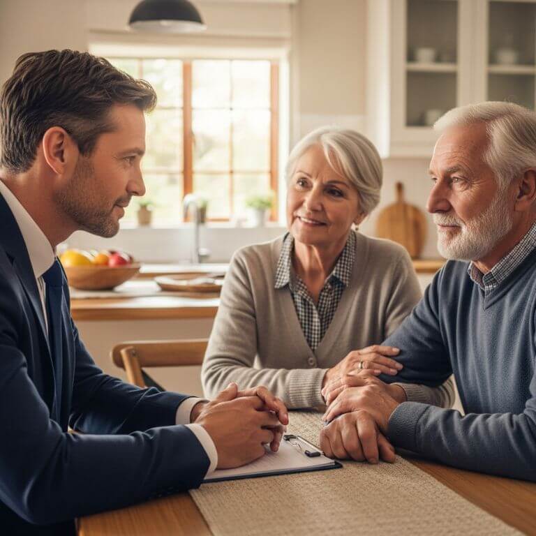 What to look for in a real estate agent. A trusted real estate agent listening with empathy to a senior couple at home.