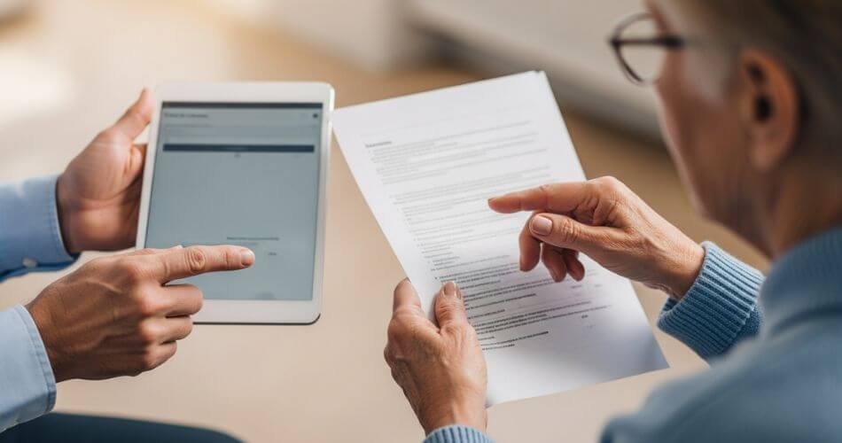 What to look for in a real estate agent. An agent offers a senior client the choice between a tablet and a paper document.