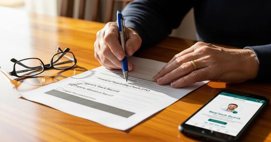 What to look for in a real estate agent. Senior homeowner reviewing a checklist to verify a real estate agent's credentials and FFC.
