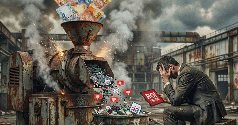 Building a Trusted Real Estate Brand. A broken industrial machine consuming South African Rands and producing digital errors, illustrating the failure of performance marketing.