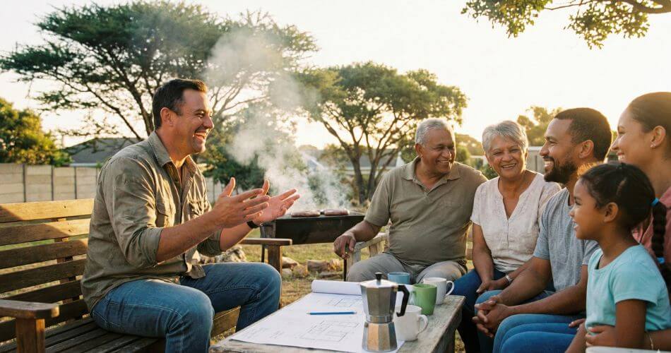 Building a Trusted Real Estate Brand. A real estate agent connecting with a multi-generational family at a backyard braai in the Northern Suburbs, symbolizing community immersion.