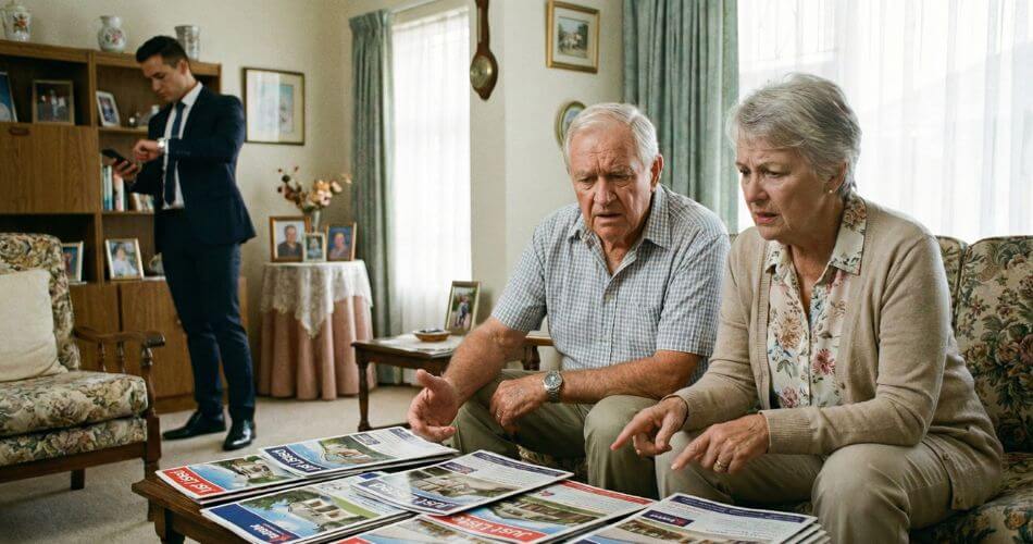 Building a Trusted Real Estate Brand. An elderly South African couple looking stressed at generic real estate flyers while an agent ignores them in the background, showing the trust deficit.