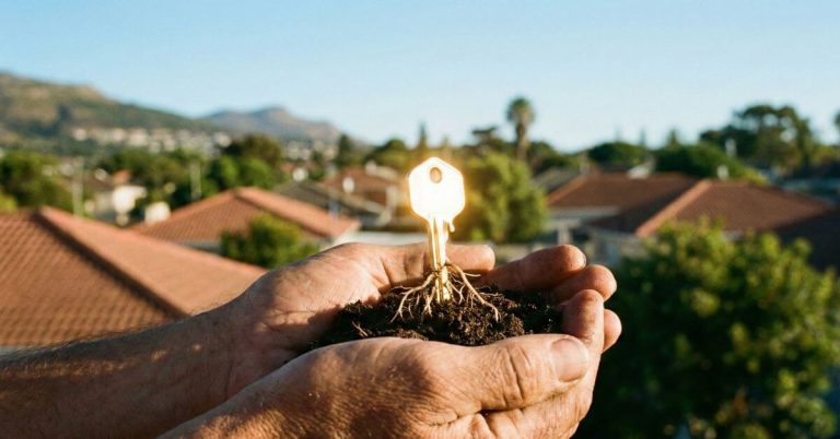 Building a Trusted Real Estate Brand. Hands holding a glowing house key rooting into soil against a backdrop of Cape Town Northern Suburbs, symbolizing deep trust
