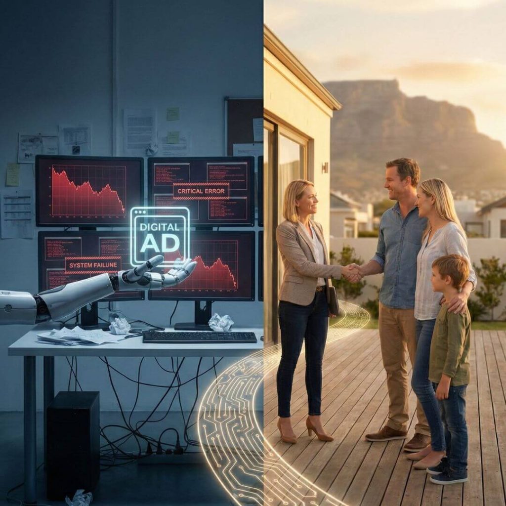 Building a Trusted Real Estate Brand. split image showing the transition from cold digital marketing metrics to warm human connection in Cape Town real estate.