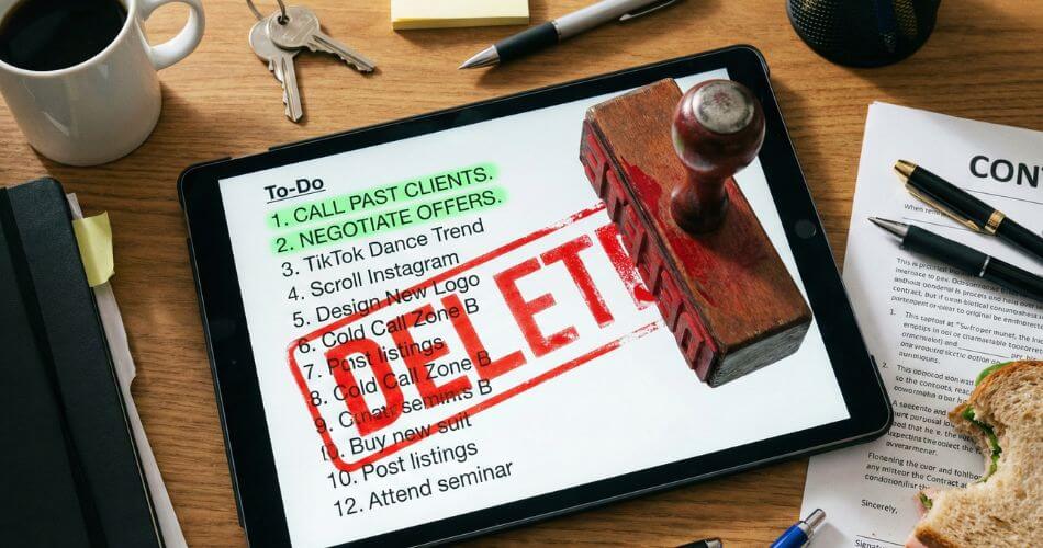 Inversion Mental Model for Business. A tablet showing a long to-do list being stamped with DELETE, leaving only revenue-generating tasks highlighted.