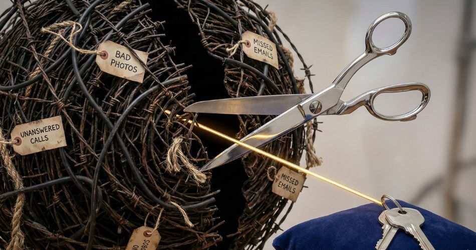 Inversion Mental Model for Business. A tangled ball of wires labeled with client annoyances being cut to reveal a smooth golden path to house keys.