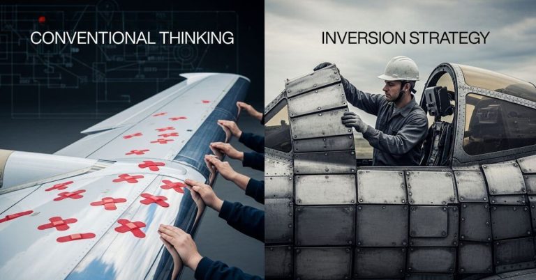 Inversion Mental Model for Business. Conceptual image comparing reinforcing airplane wings versus reinforcing the cockpit, illustrating inversion strategy in business.