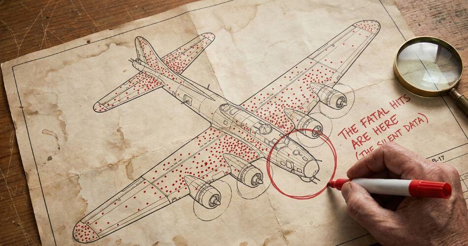 Inversion Mental Model for Business. Diagram of a WWII plane showing red dots on wings and wings, with the empty cockpit circled to illustrate survivor bias data.