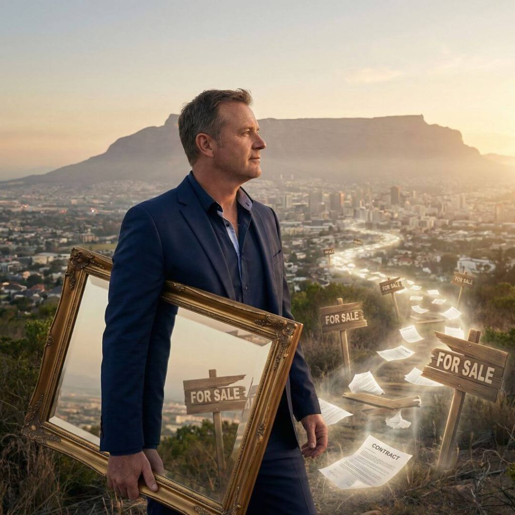 Inversion Mental Model for Business. Real estate agent on Tygerberg Hill looking at a reflection of failed deals forming a path to success over Cape Town.