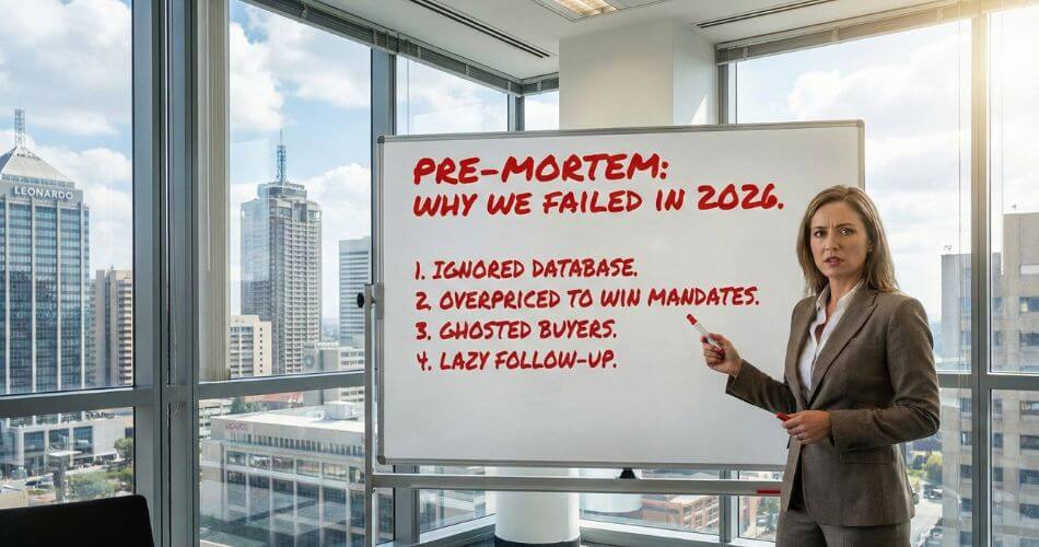 Inversion Mental Model for Business. Real estate principal in a Cape Town boardroom analyzing a Pre-Mortem whiteboard listing reasons for potential business failure in 2026.
