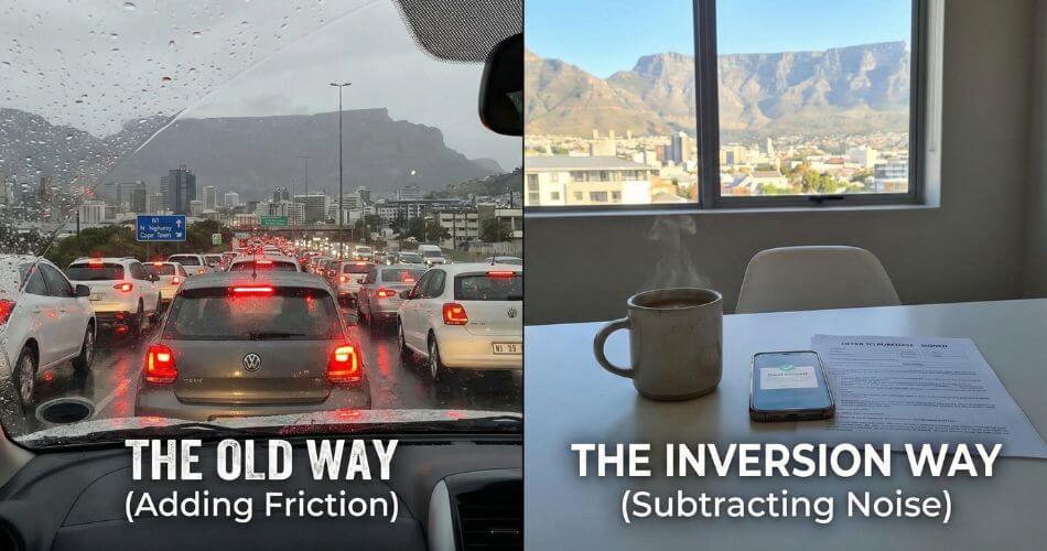 Inversion Mental Model for Business. Split image contrasting stressful N1 traffic in Cape Town with a calm, productive home office environment focused on a signed contract.