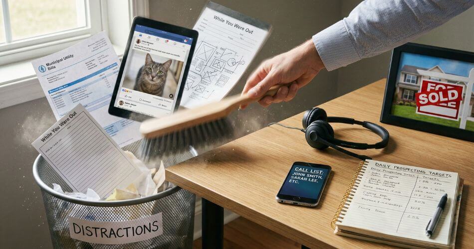 High-performance Real Estate Strategies. A estate agent's desk being cleared of distractions leaving only tools for prospecting and sales activities.