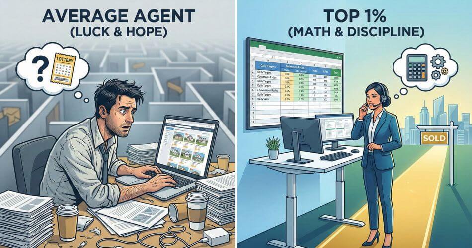 High-performance Real Estate Strategies. A split-screen comparison showing a disorganized real estate agent relying on luck vs a disciplined agent using mathematical strategies.