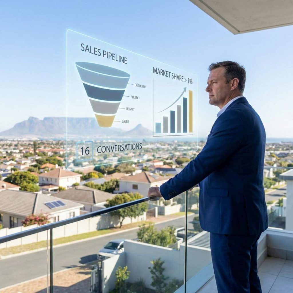 High-performance Real Estate Strategies. A top-performing real estate agent in Brackenfell, with holographic data visualizations showing sales funnels and performance metric.