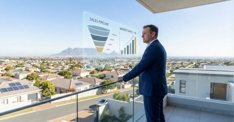 High-performance Real Estate Strategies. A top-performing real estate agent in Brackenfell, with holographic data visualizations showing sales funnels and performance metrics.