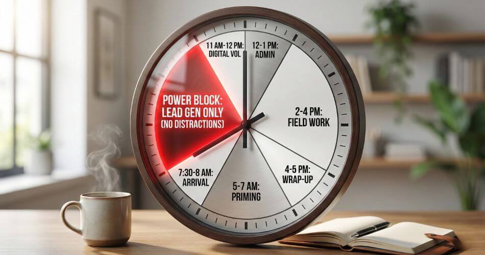 High-performance Real Estate Strategies. A wall clock with a highlighted segment from 8 AM to 11 AM labeled POWER BLOCK, illustrating a structured daily schedule for a real estate agent.