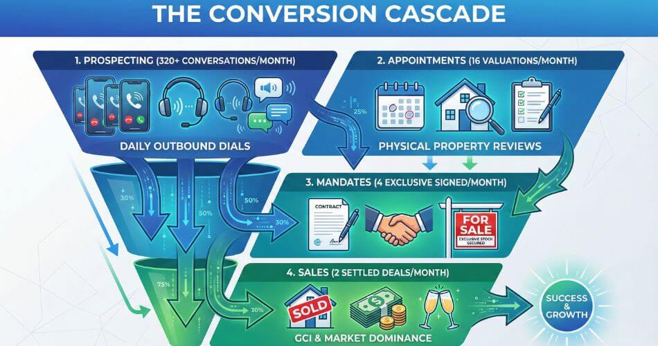 High-performance Real Estate Strategies. An infographic showing the real estate conversion funnel, detailing the process from prospecting calls to appointments, mandates, and finally, settled sales.