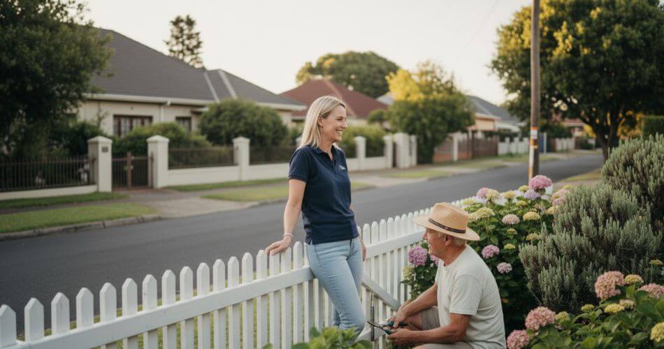 Surviving The Real Estate January Void. A casual real estate agent chatting with an older homeowner over a garden fence in a suburban neighborhood.
