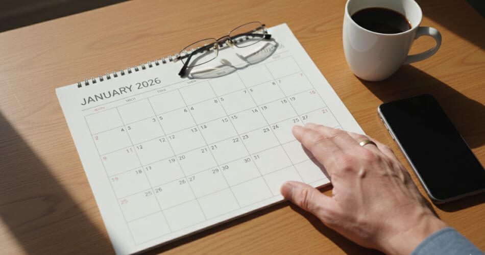 Surviving The Real Estate January Void. A close-up of an agent's hand next to a silent phone and a blank January 2026 calendar.