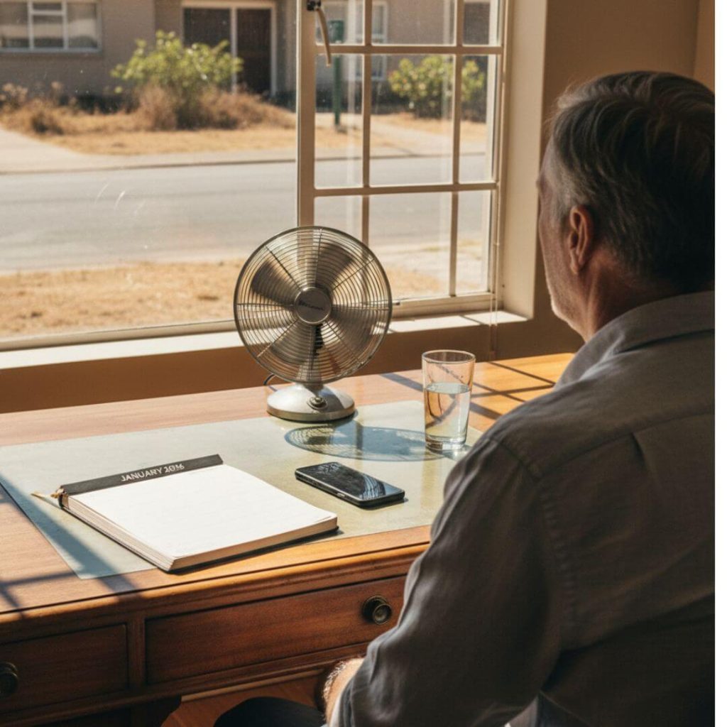 Surviving The Real Estate January Void. A real estate agent sits at a desk with a silent phone and a blank calendar, representing the January career void.