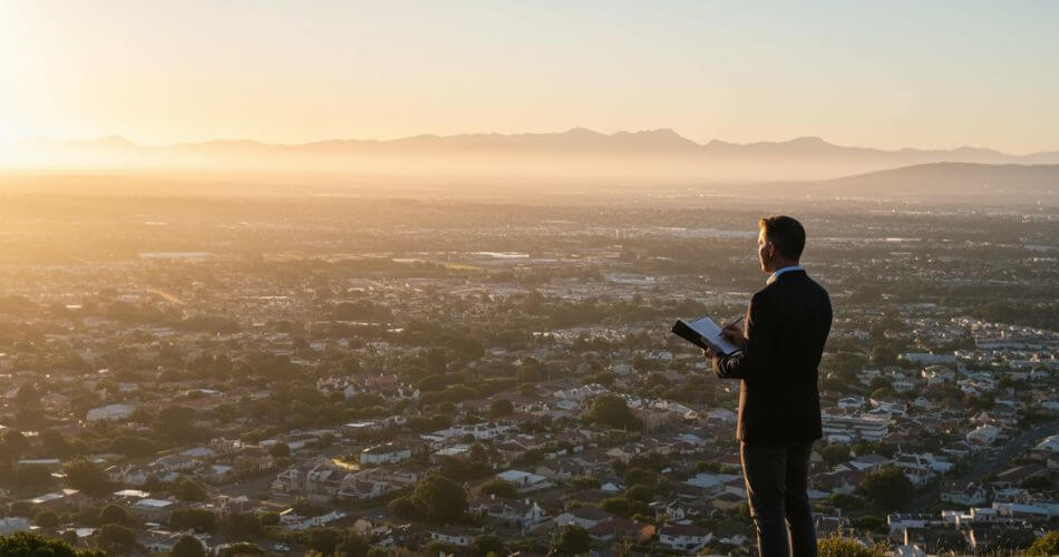 Surviving The Real Estate January Void. A real estate agent standing on a hill at sunrise, looking out over the Cape Town Northern Suburbs with a notebook.