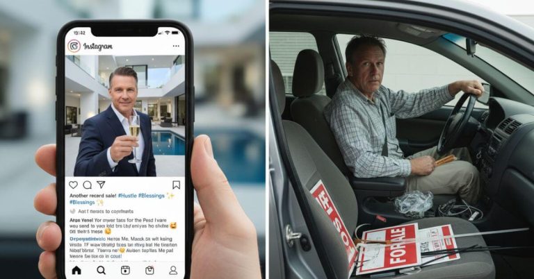 Surviving The Real Estate January Void. A split image contrasting a glamorous real estate social media post with the gritty reality of an agent's daily life.