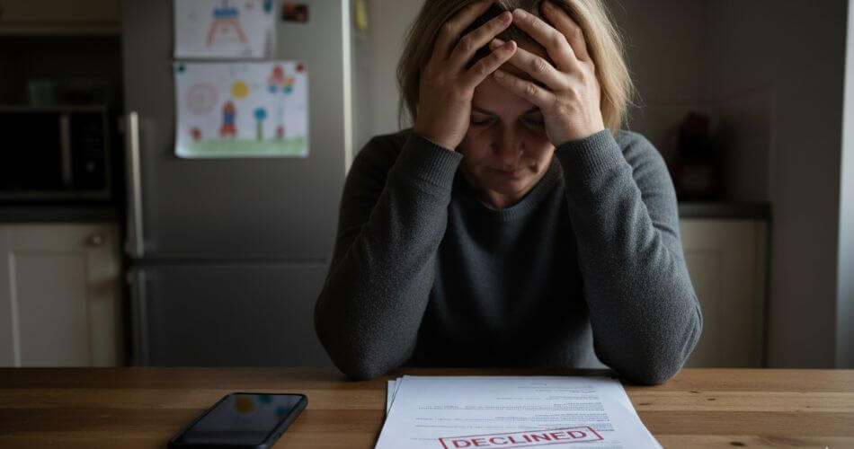 Surviving The Real Estate January Void. A stressed real estate agent with their head in their hands, looking at a declined bond application document.